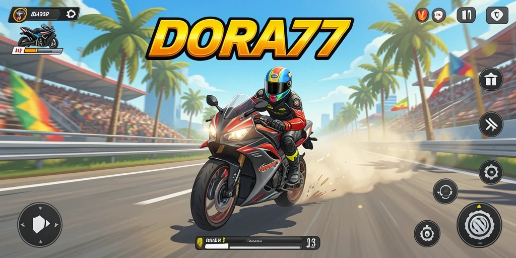 Tampilan gameplay DORA77 dengan balapan motor yang mendebarkan.