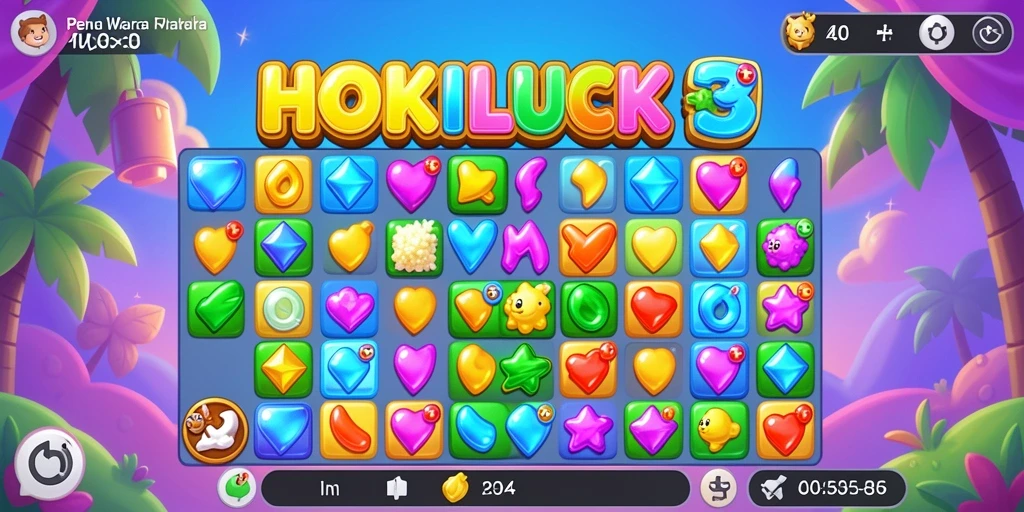 Screenshot menunjukkan gameplay seru HOKILUCK dengan level Match-3 yang penuh warna.
