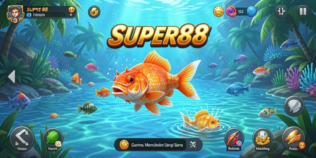 Screenshot gameplay SUPER88 menampilkan aksi seru memancing ikan besar.