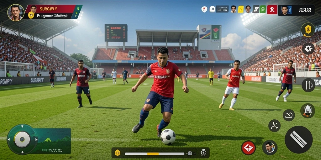 Tampilan gameplay menegangkan dalam SURGAPLY yang menggambarkan aksi sepak bola.