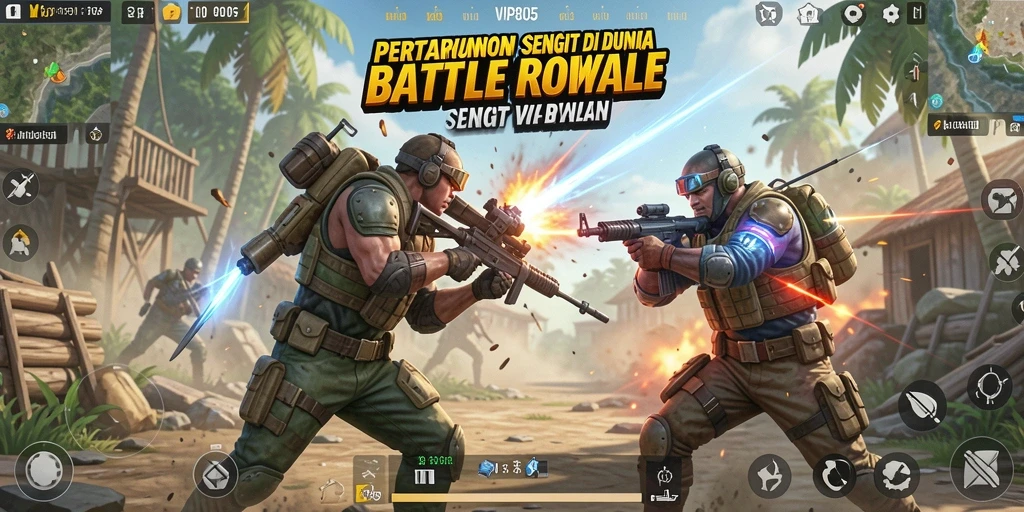 Tangkapan layar utama VIP805 menampilkan aksi pertempuran intens dalam mode Battle Royale.